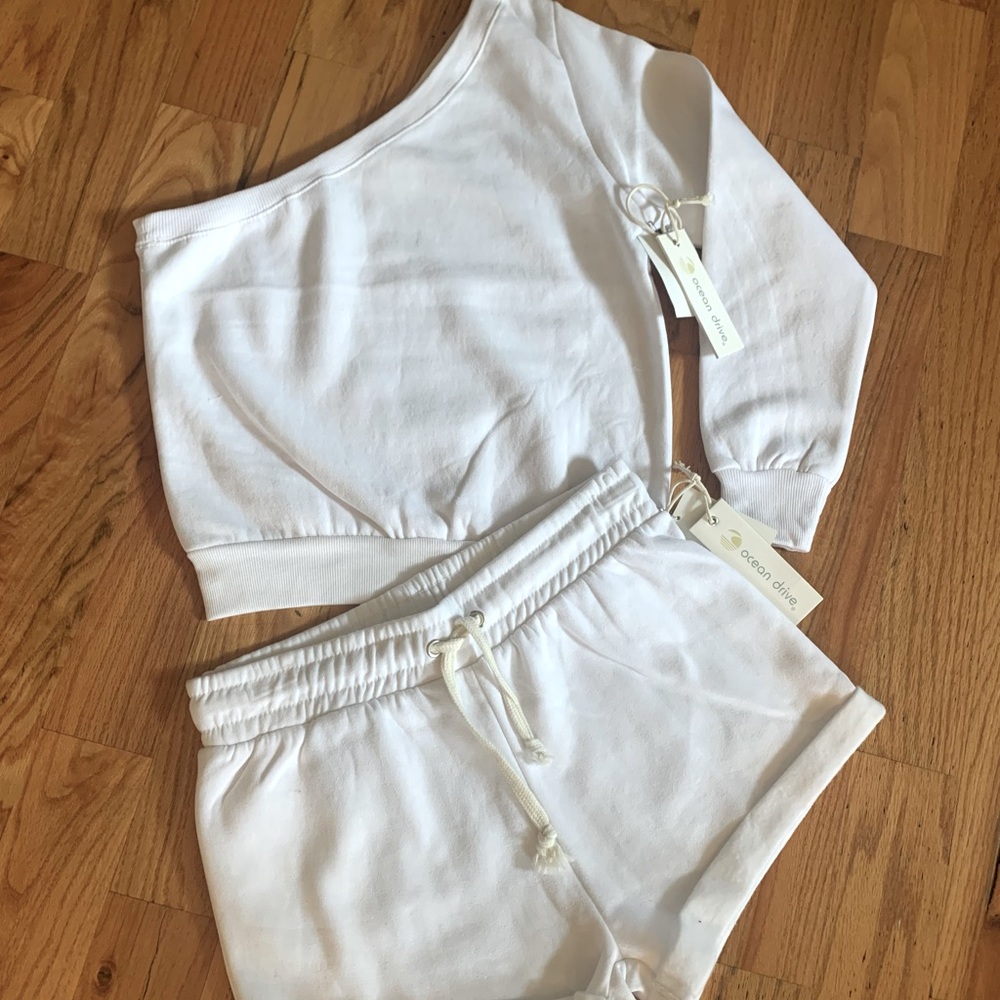 Ocean Drive White Fleece One Shoulder Short Set